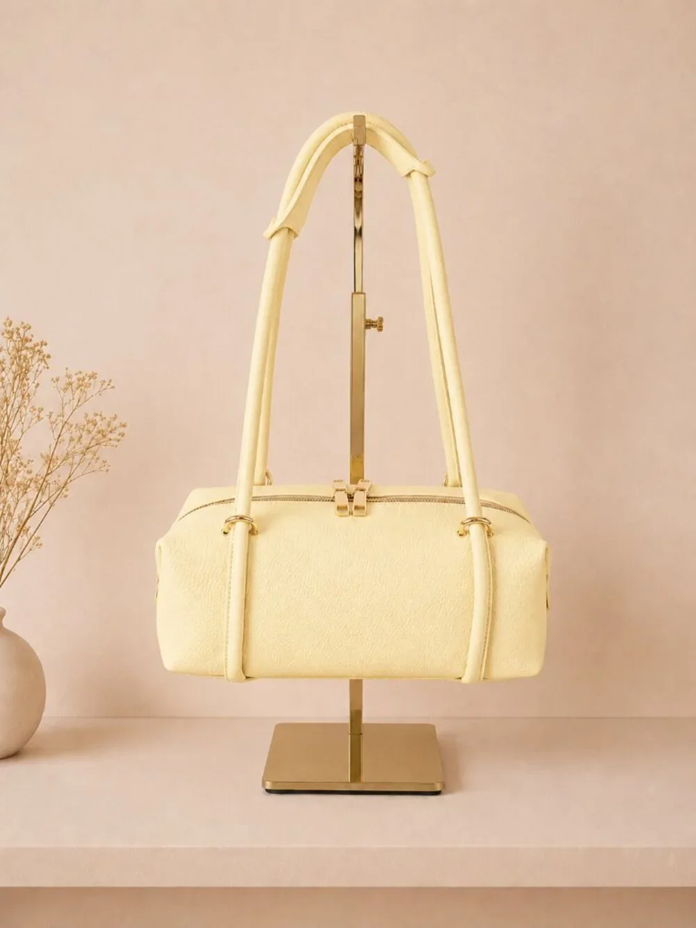 Italian Leather Barrel Bag, Butter Yellow East-West Shoulder Purse